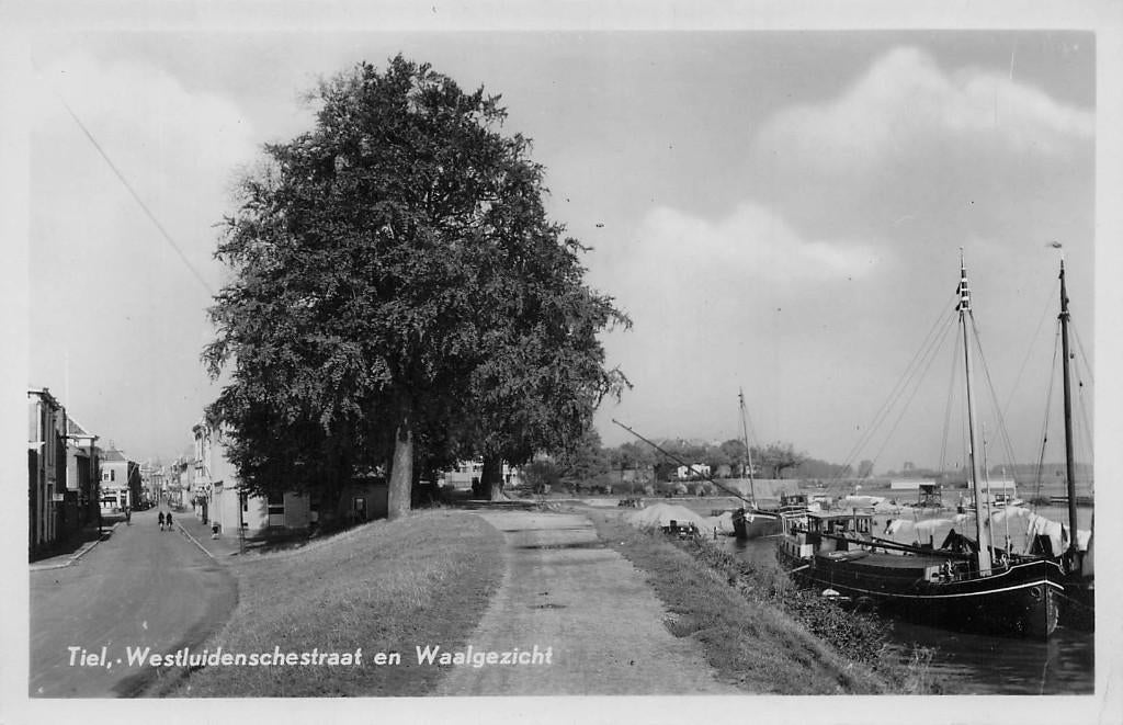 Tiel - Westluidenschestraat en Waalgezicht boten 1955, Ophalen of Verzenden, 1940 tot 1960, Ongelopen, Gelderland