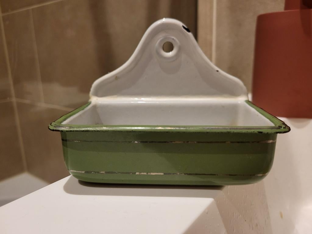 Vintage geëmailleerd zeepbakje - groen en wit, Ophalen of Verzenden