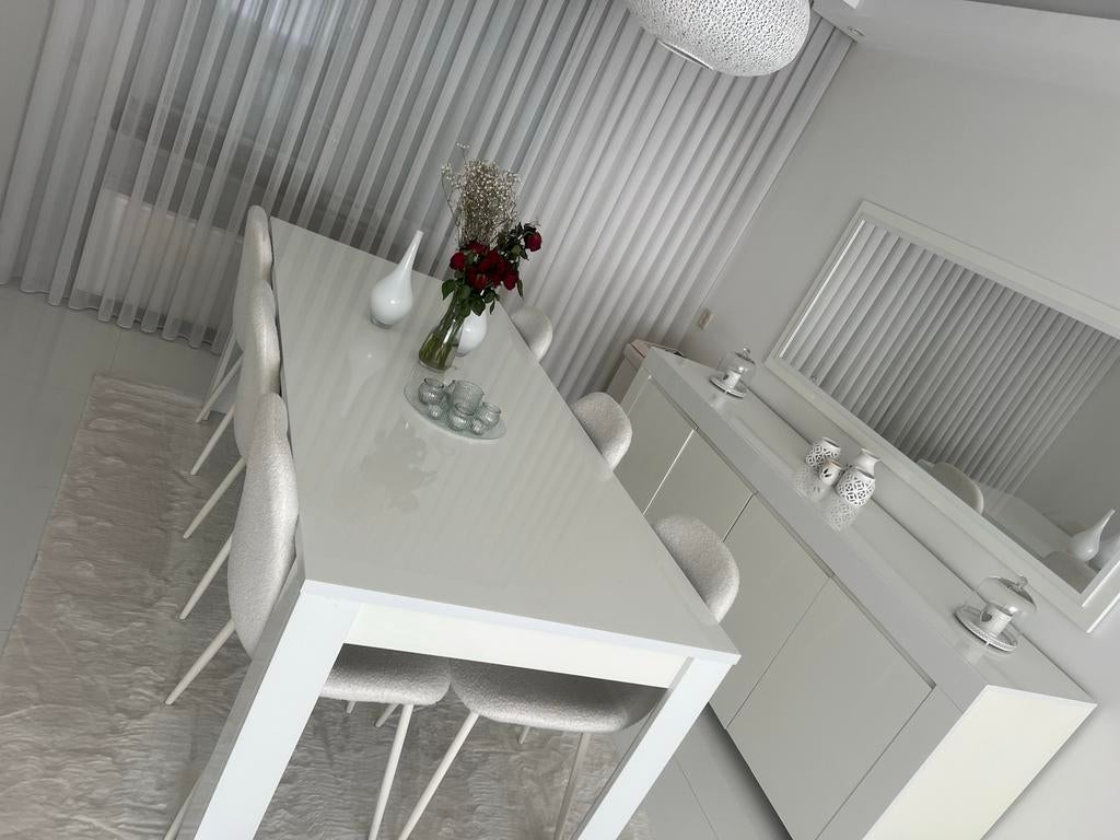 Hoogglans witte eettafel met 6 stoelen, Kunststof, Gebruikt, Vijf personen of meer, 150 tot 200 cm