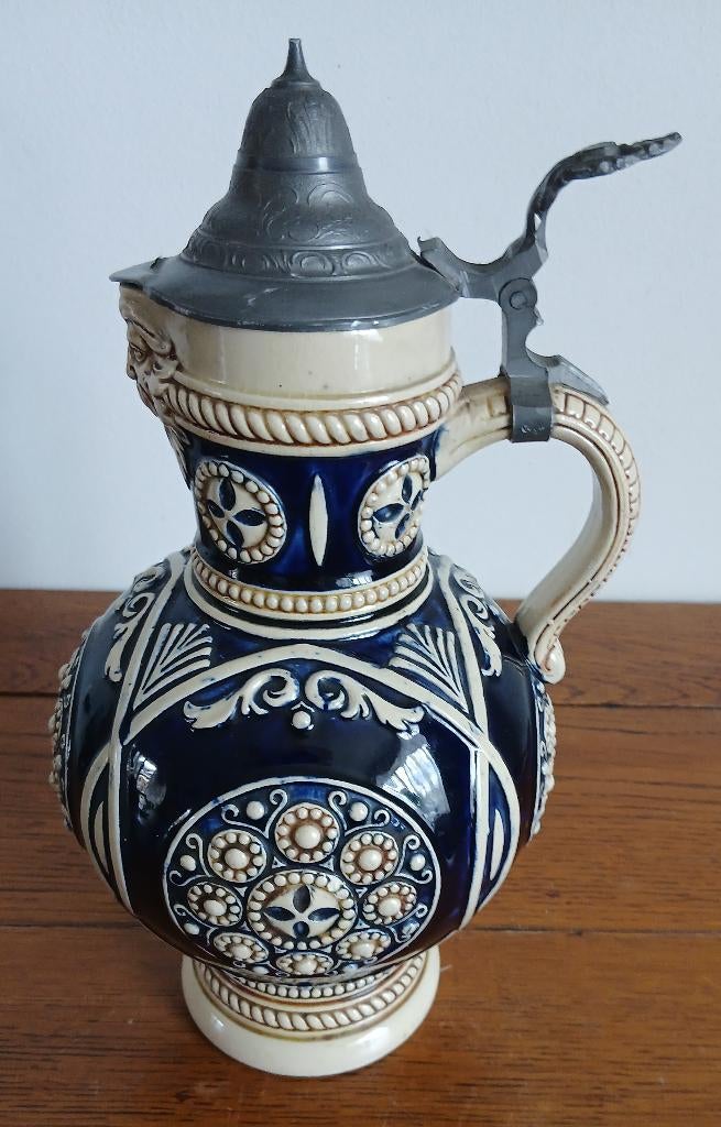 Antieke Duitse Westerwald bierkan met tinnen klepdeksel, Ophalen of Verzenden