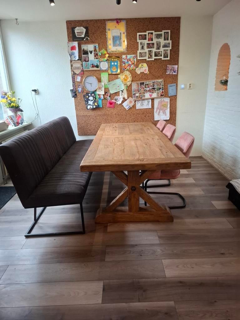 Eetkamerbank 2.40m microleder in goede staat, Ophalen of Verzenden, Zo goed als nieuw, Bruin, Overige materialen