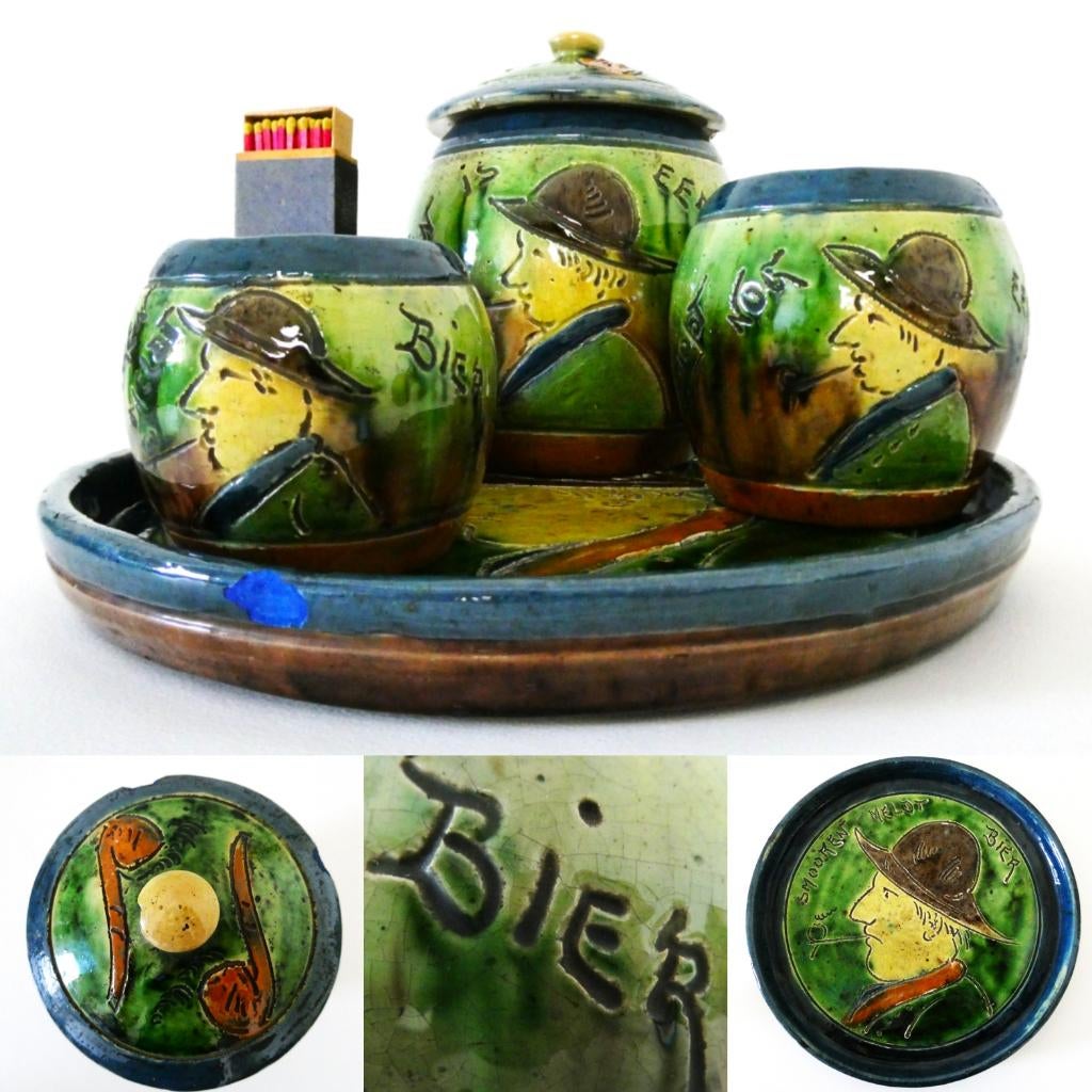 Vlaams rokersset Smooren Meldt Bier België tabakspot 5 delig, Antiek en Kunst, Ophalen of Verzenden