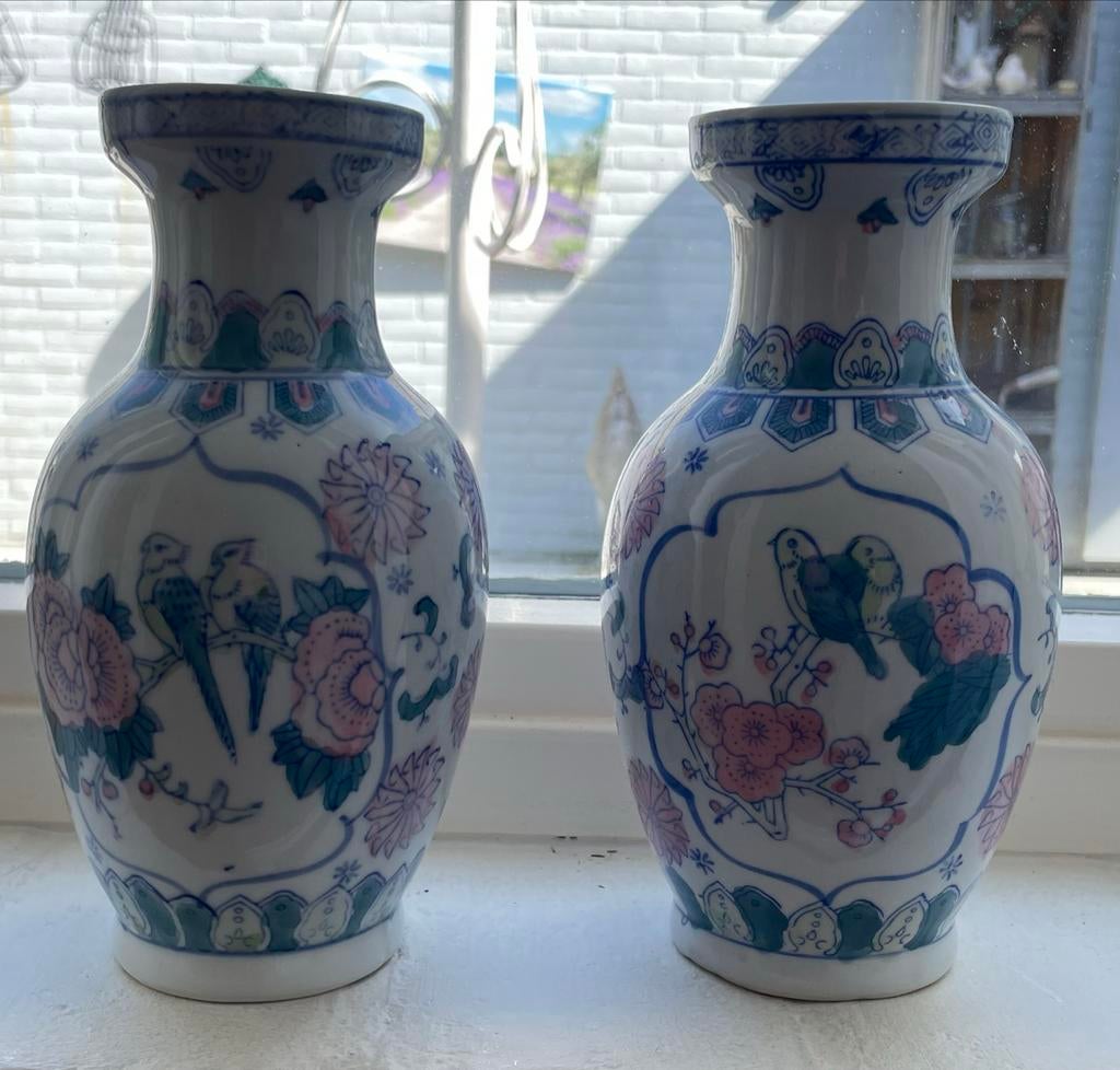 Set van 2 Chinese vazen met vogel- en bloemmotief, Ophalen