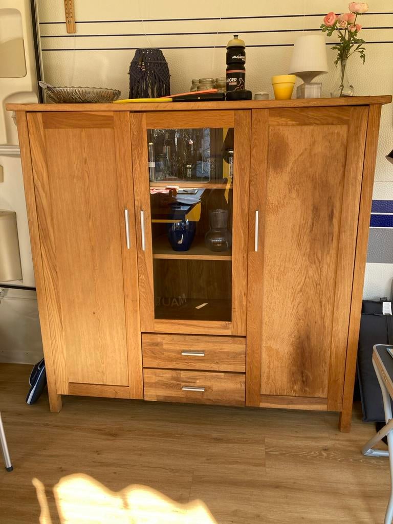 Houten kast met glazen deur en lades, Huis en Inrichting, Ophalen, Gebruikt, 100 tot 150 cm, Met lade(s)