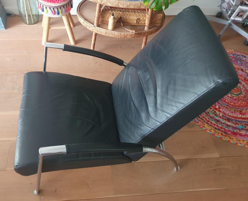 Design Club Fauteuil van Harvink - Zwart Leer en Chroom, Ophalen, Gebruikt, Design, Modern, 75 tot 100 cm