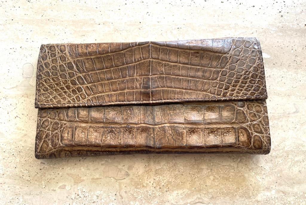 Bruin leren portemonnee in croco print, Ophalen, Zo goed als nieuw, Bruin