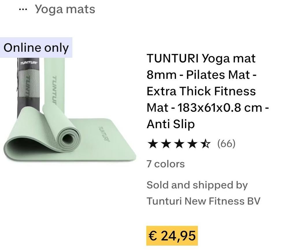 Tunturi Yogamat 8mm - Pilates Mat - Extra Dik - Antislip, Ophalen
