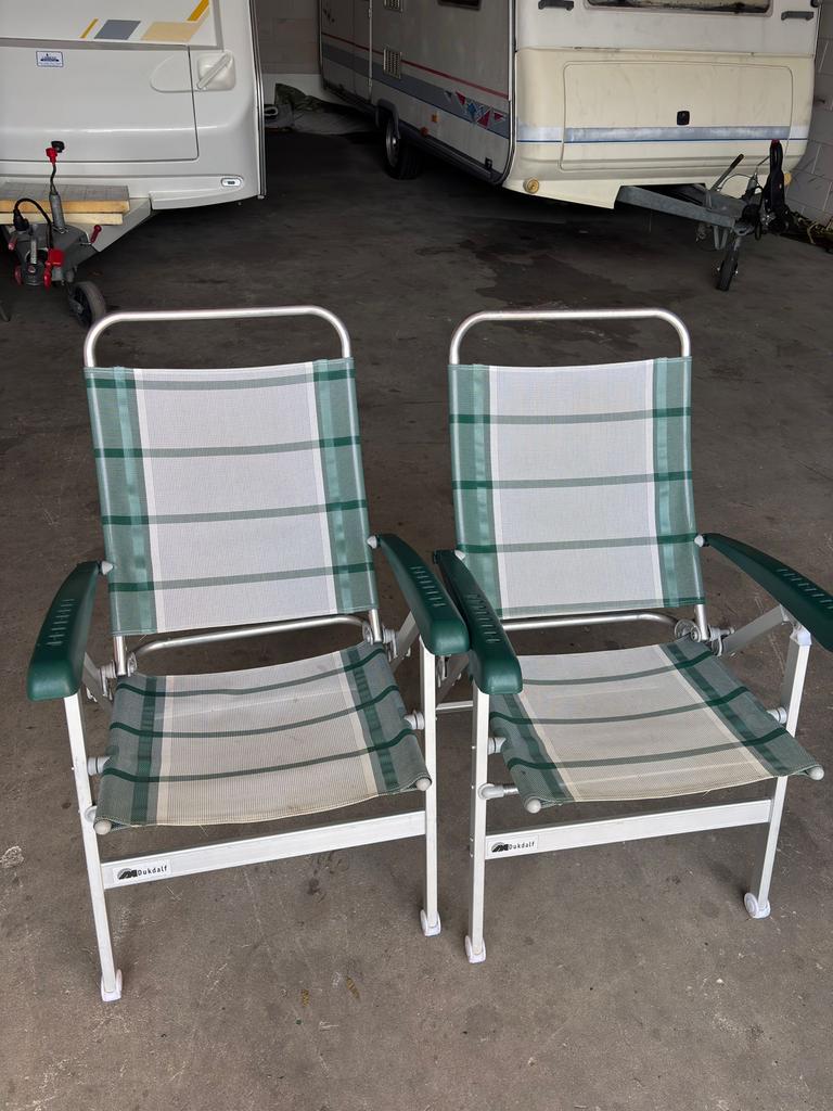 2 aluminium Dukdalf campingstoelen, groen/wit kleir, Ophalen, Gebruikt, Campingstoel