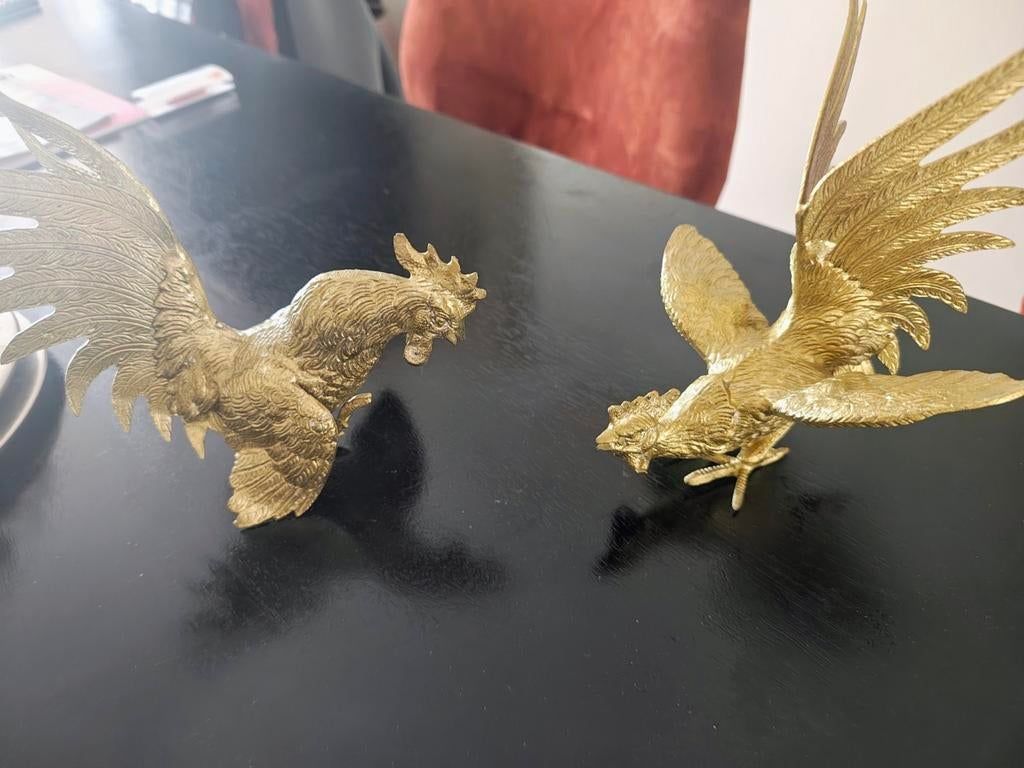 Bronzen beeldjes van 2 kemphanen, Ophalen of Verzenden, Zo goed als nieuw, Dier