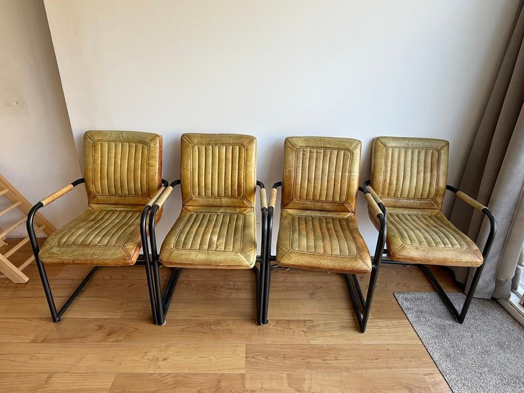 Set van 6 Industriële Eetkamerstoelen "Mika" – Cognac Leder, Huis en Inrichting, Stoelen, Ophalen, Gebruikt, Bruin, Vintage