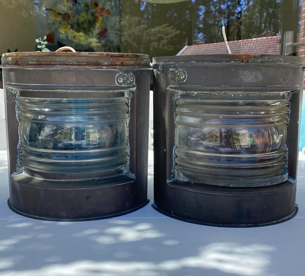 2 antieke koperen scheepsnavigatie lampen, Ophalen, Gebruikt, Motorboot of Zeilboot, Gebruiksvoorwerp