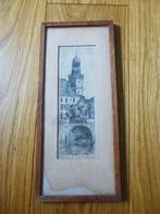 oud werkje van een toren in Belgie+ brug, met glas ingelijst, Verzenden