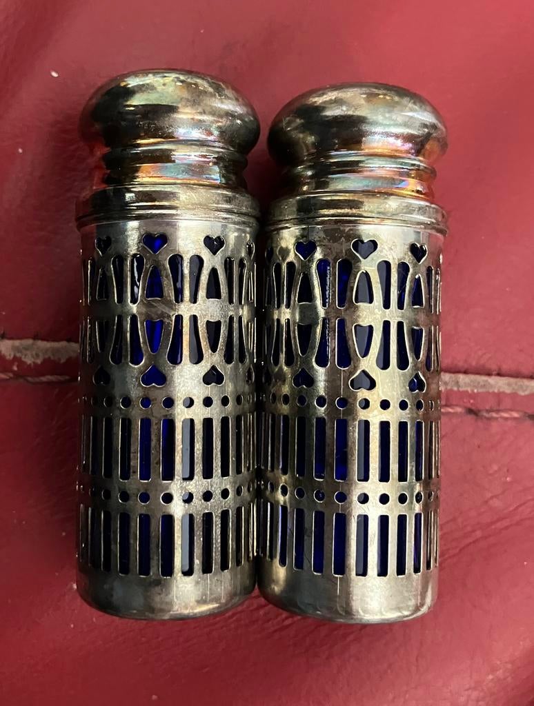 Peper & zout stel zilver/cobaltblauww glas, Antiek en Kunst, Ophalen