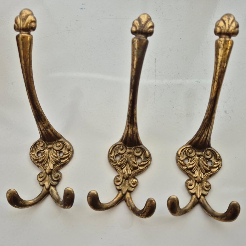 3 vintage messing wandhaken, Wandkapstok, Ophalen of Verzenden, Zo goed als nieuw, Minder dan 100 cm