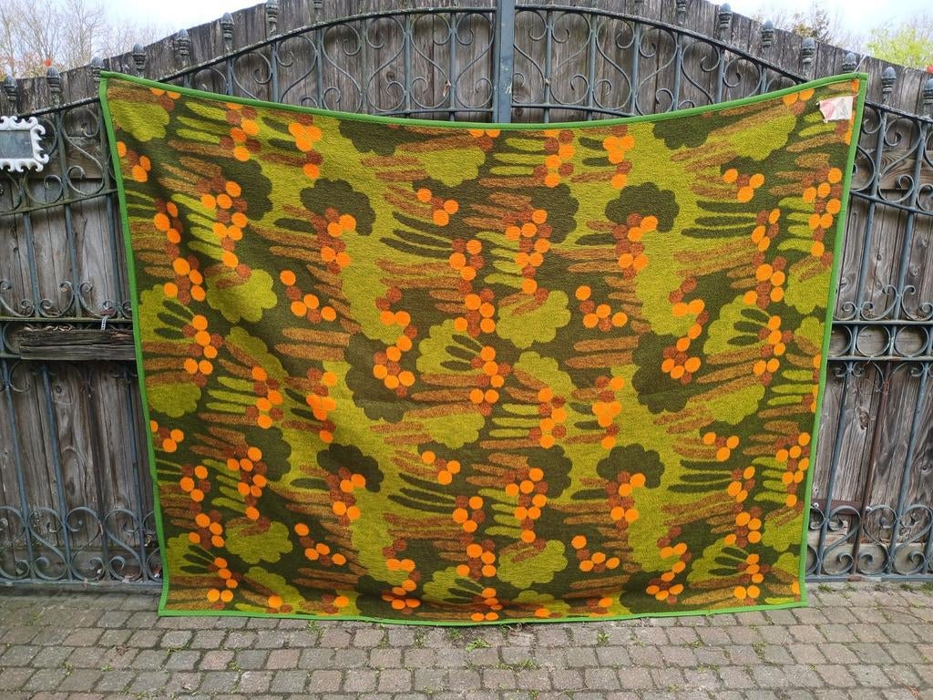 Vintage Dralon deken Faalberg - Groen/Oranje, Huis en Inrichting, Woonaccessoires | Plaids en Woondekens, Ophalen of Verzenden