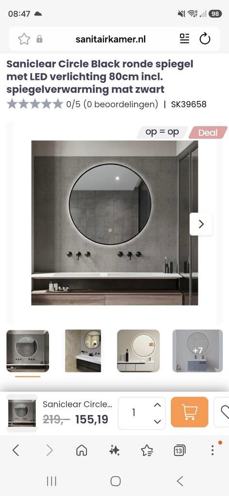 Badkamerspiegel 80cm, mat zwart met verwarming, Huis en Inrichting, Woonaccessoires | Spiegels, Ophalen, Rond, Zo goed als nieuw