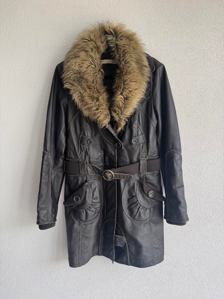 Vintage mooie bruine echt leren jas met imitatiebonten kraag, Vintage, Bruin, Vintage, Maat 42/44 (L)