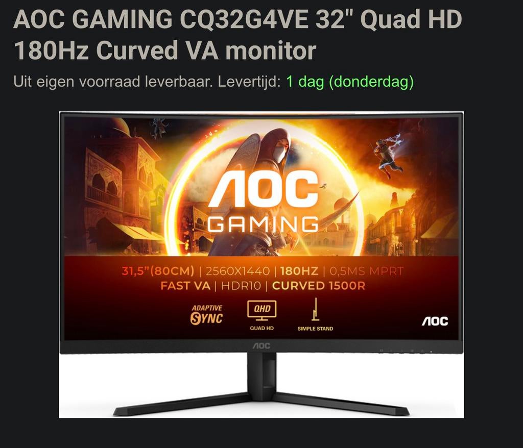 AOC GAMING CQ32G4VE 32" QHD 180Hz Curved VA Monitor, Computers en Software, Monitoren, Gaming, Curved, VA, Ophalen of Verzenden