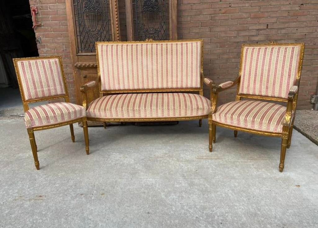 Louis XVI stijl salonset : bank + 2 fauteuils , brocante, Ophalen