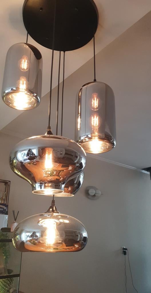5 lichts rookglas hanglamp, verschillende vormen, Huis en Inrichting, Lampen | Hanglampen, Ophalen, Glas, 75 cm of meer