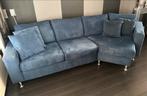 Donkerblauwe suedine bank met fauteuil en wasbare hoezen, Ophalen, Gebruikt, Hoekbank, 300 cm of meer