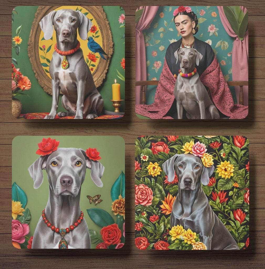 Weimaraner Frida Kahlo onderzetters met houder, Ophalen of Verzenden, Nieuw, Glas of Kopje
