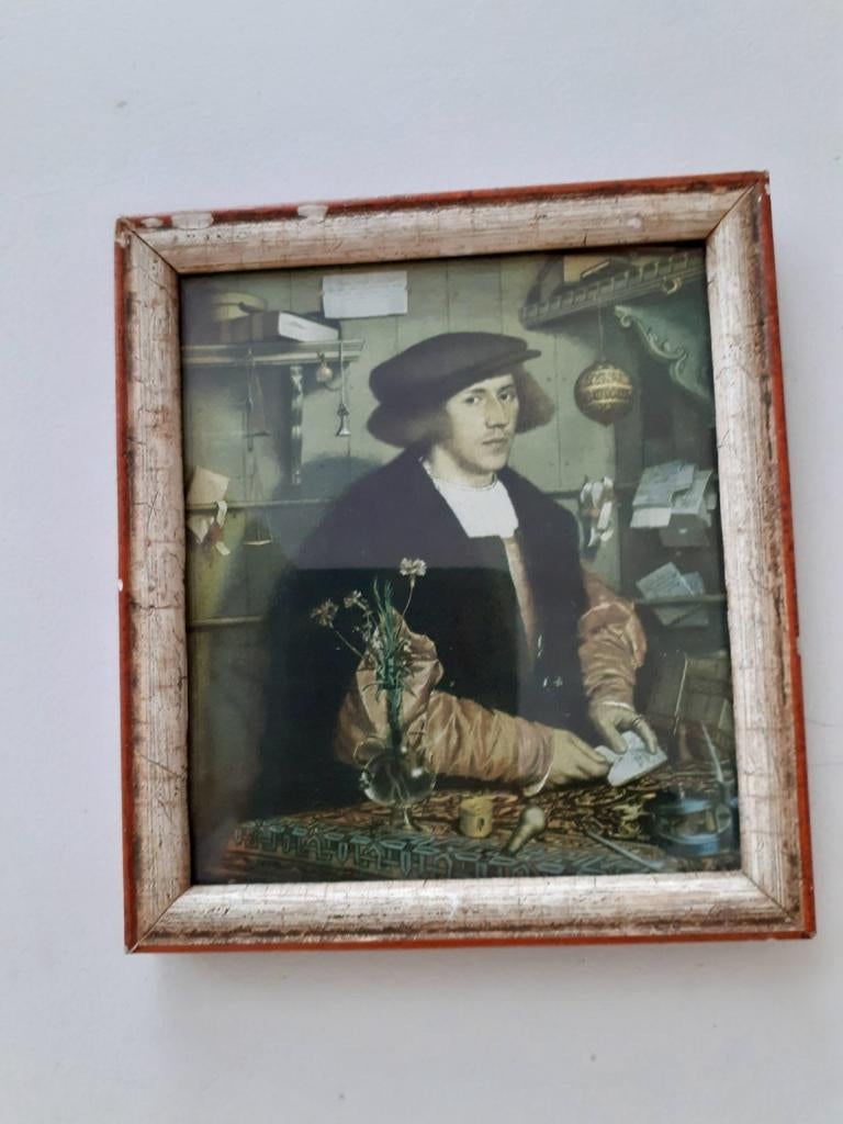Oud schilderijtje 'De Man met de Anjers' in houten lijst, Ophalen of Verzenden