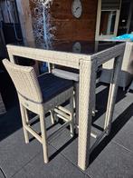 Bartafel met 2 wicker barstoelen en kussens, Tuin en Terras, Ophalen