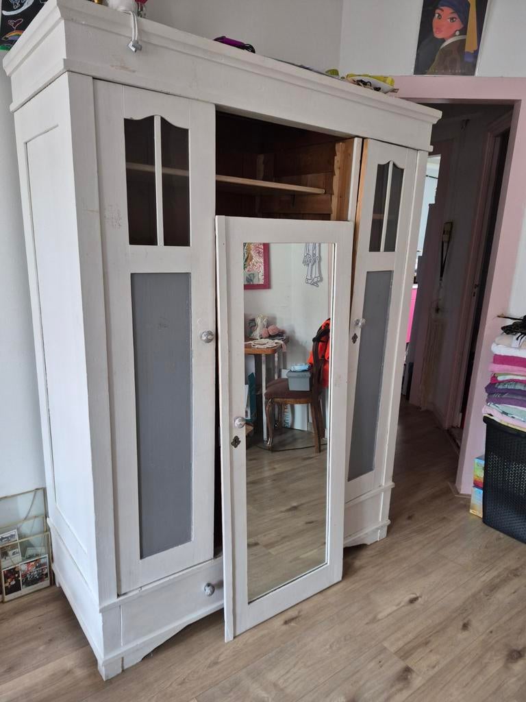 Vintage houten kast met spiegel – opknapper, Antiek en Kunst, Antiek | Meubels | Kasten, Ophalen of Verzenden
