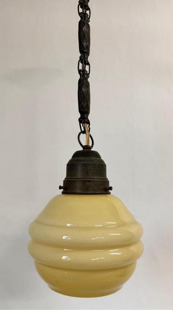 Vintage geel glazen hanglamp + koperen ophanging plafondlamp, Huis en Inrichting, Lampen | Hanglampen, Ophalen of Verzenden, Zo goed als nieuw