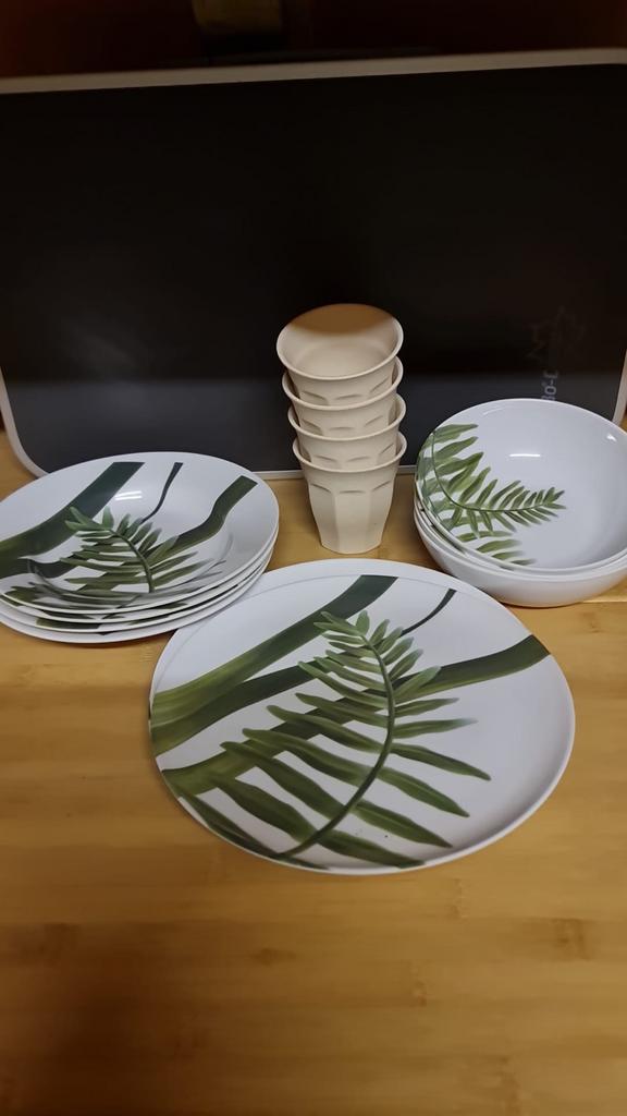 4-delig campingservies met bladprint, Ophalen of Verzenden, Gebruikt