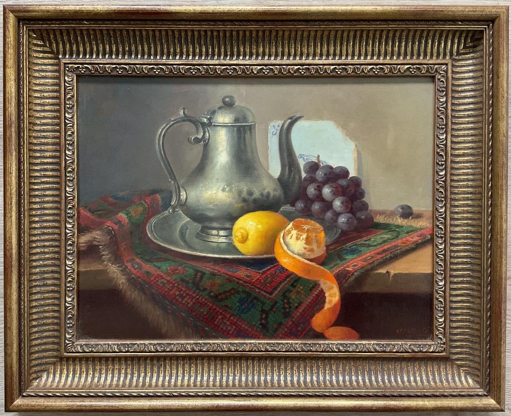 E. P. Moleveld (1946) - Stilleven met tinnen ketel en fruit, Antiek en Kunst, Kunst | Schilderijen | Klassiek, Ophalen of Verzenden