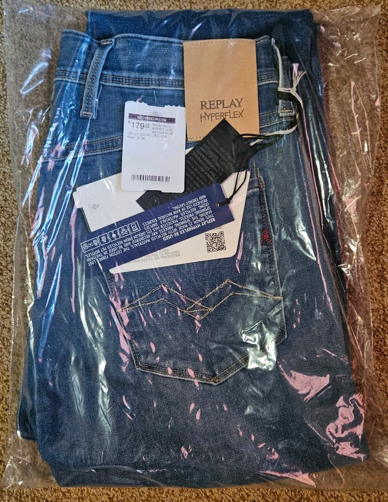 REPLAY Hyperflex Anbass nieuw 30/34 mid blauw, Ophalen, Blauw, Overige jeansmaten, Nieuw