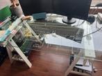 Glazen bureau (liefde) met witte schragen, Huis en Inrichting, Bureaus, Ophalen, In hoogte verstelbaar, Gebruikt, Bureau