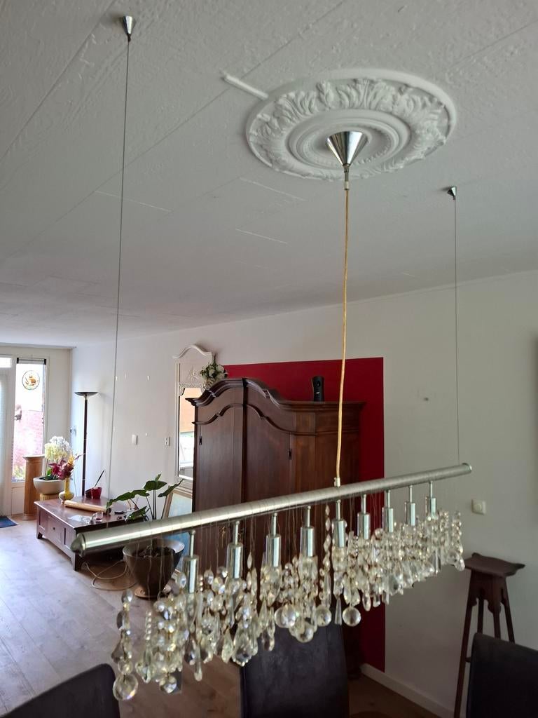 Kristallen Hanglamp / Balklamp – Chroom, 124 cm, Huis en Inrichting, Lampen | Hanglampen, Ophalen, Gebruikt, Modern, Kristal, Chroom