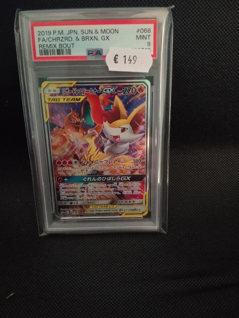 PSA 9 Charizard & Braixen GX Tag Team Pokémon Kaart, Ophalen of Verzenden, Zo goed als nieuw, Losse kaart