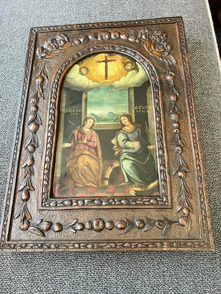 Antiek Schilderij: Madonna met Kind en Heiligen, Antiek en Kunst, Ophalen