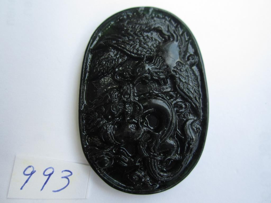 Amulet hanger van chinese jade 993 # Draak en feniks, Ophalen of Verzenden, Zo goed als nieuw, Groen, Steen of Mineraal
