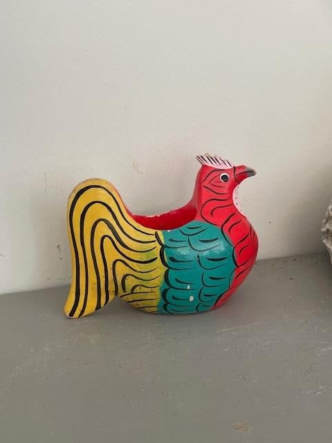 Decoratief vintage eierdopje van hout. Houten haan / kip., Ophalen, Gebruikt