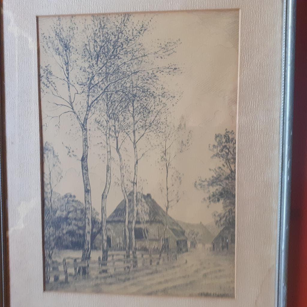 Johan Meijer  -  bij de boerderij  -  tekening., Antiek en Kunst, Ophalen of Verzenden