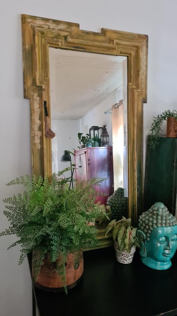 Antieke grote spiegel boho brocante zwart groen geel, Ophalen, 100 tot 150 cm, Zo goed als nieuw, Overige vormen