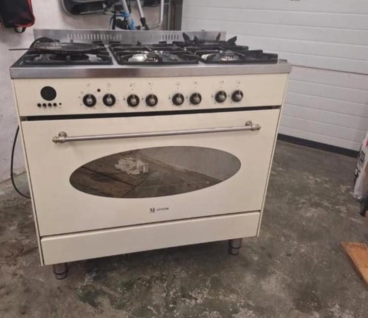 M-system oven en fornuis, Witgoed en Apparatuur, Fornuizen, Gebruikt, Vrijstaand, Gas, 5 kookzones of meer, 90 tot 95 cm, 60 cm of meer