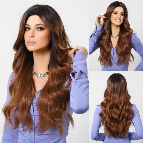 Luxe pruik lang krullend haar in bruinmix zonder pony model, Sieraden, Tassen en Uiterlijk, Uiterlijk | Haarverzorging, Nieuw