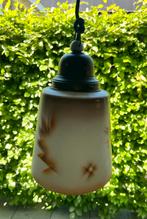 Art Deco plafond/hanglamp glas en brons, lang snoer + led., Gebruikt, Glas, Minder dan 50 cm, Art deco, vintage, antiek