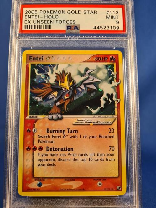 Entei  [Gold Star] 113/115 - Unseen Forces (PSA 9), Hobby en Vrije tijd, Verzamelkaartspellen | Pokémon, Gebruikt, Losse kaart