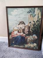 Geborduurd schilderij kinderen bij fruitmand, Ophalen, 50 tot 75 cm, Zo goed als nieuw, Schilderij