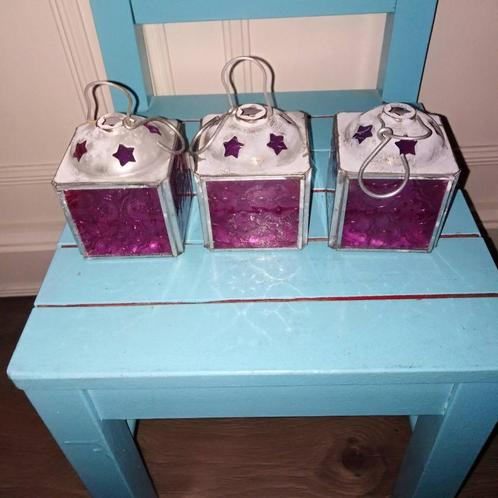 3 lantaarntjes voor waxinelichtje in roze glas in lood style, Huis en Inrichting, Woonaccessoires | Kandelaars en Kaarsen, Gebruikt