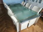 Glazen eettafel 200x100 met 6 leren stoelen, Ophalen, Gebruikt, 200 cm of meer, 50 tot 100 cm