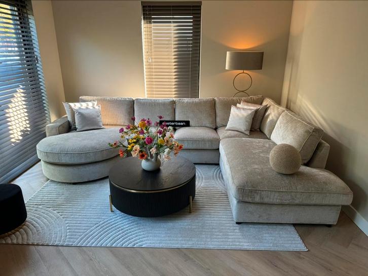 Luxe Velvet Teddy U-Bank Lio 170x365x250cm Beige Sand NIEUW, Huis en Inrichting, Banken | Bankstellen, Nieuw, Vierpersoons of meer