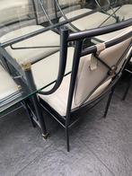 Te koop design glazen eettafel met 6 leren stoelen, Huis en Inrichting, Complete eetkamers, Ophalen, Gebruikt, Klassiek, 4 tot 6 stoelen